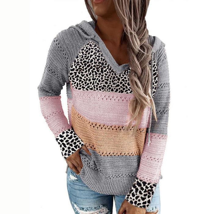 Wisherryy Fashion Hooded Leopard Stitched Knit Sweater