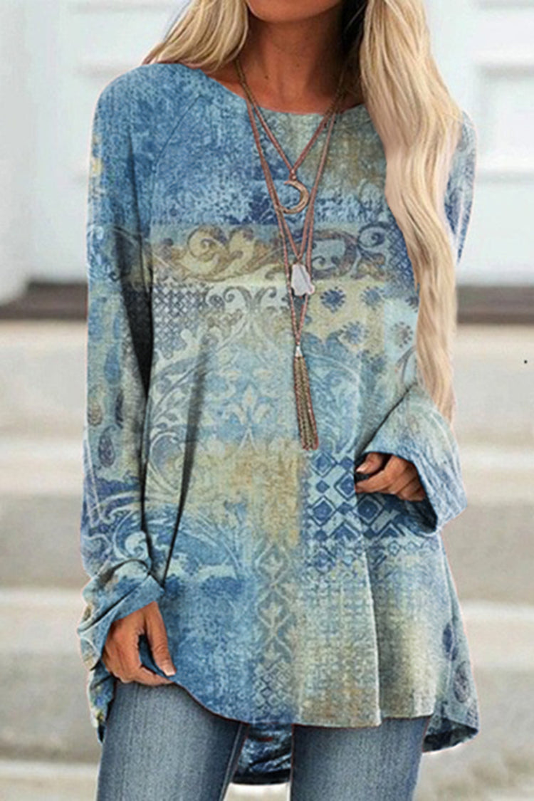 Vintage Print Crew Neck Long Sleeve Tunic