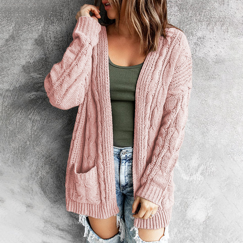 Pocket Mid Length Twist Knit Cardigan