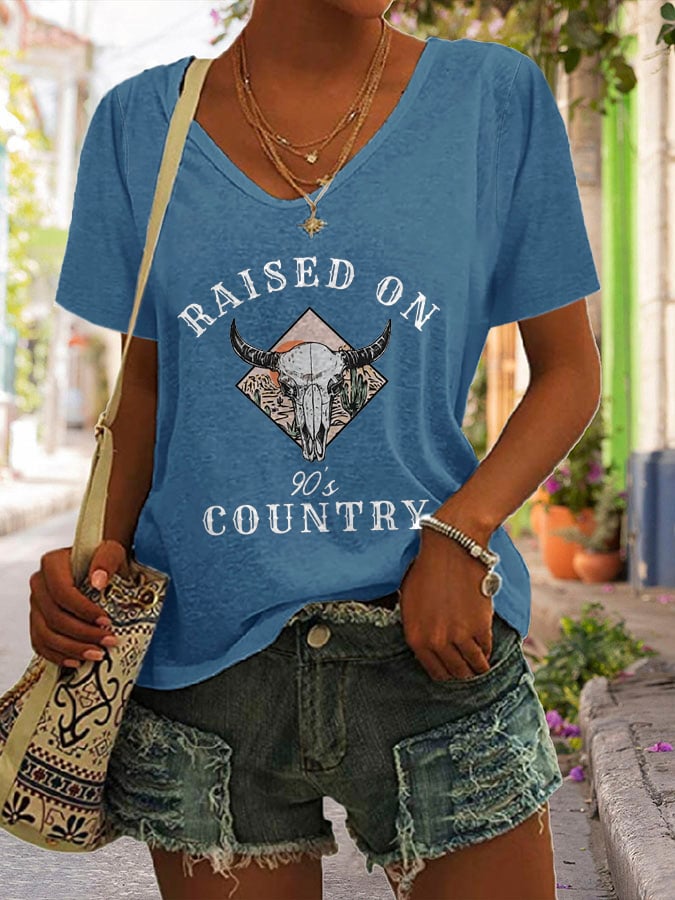 Women's Raised On 90's Country Print V-Neck Casual T-Shirt