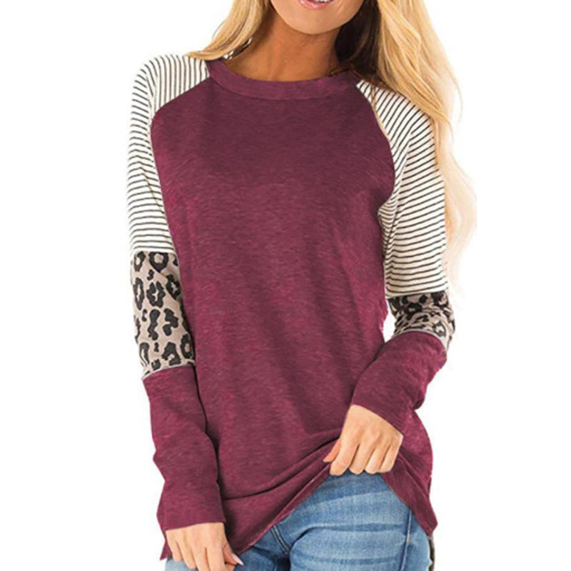 Casual Crew Neck Leopard Print Panled Tunic