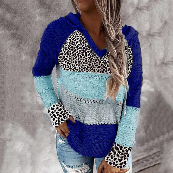 Wisherryy Fashion Hooded Leopard Stitched Knit Sweater