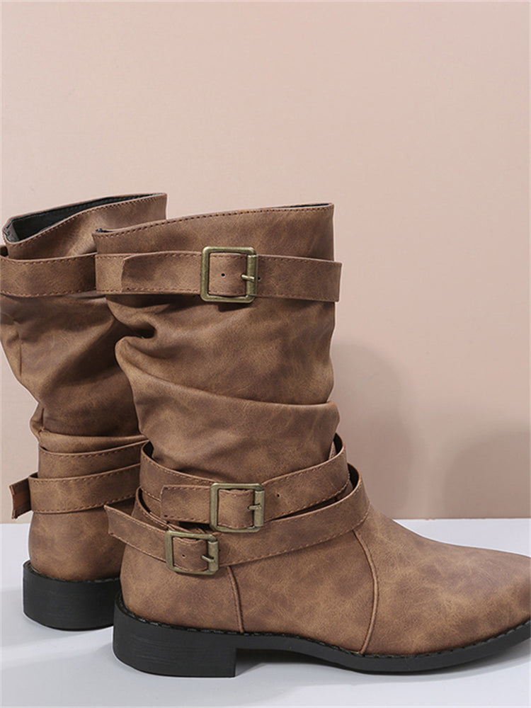 Vintage Buckles Stacked Calf Boots