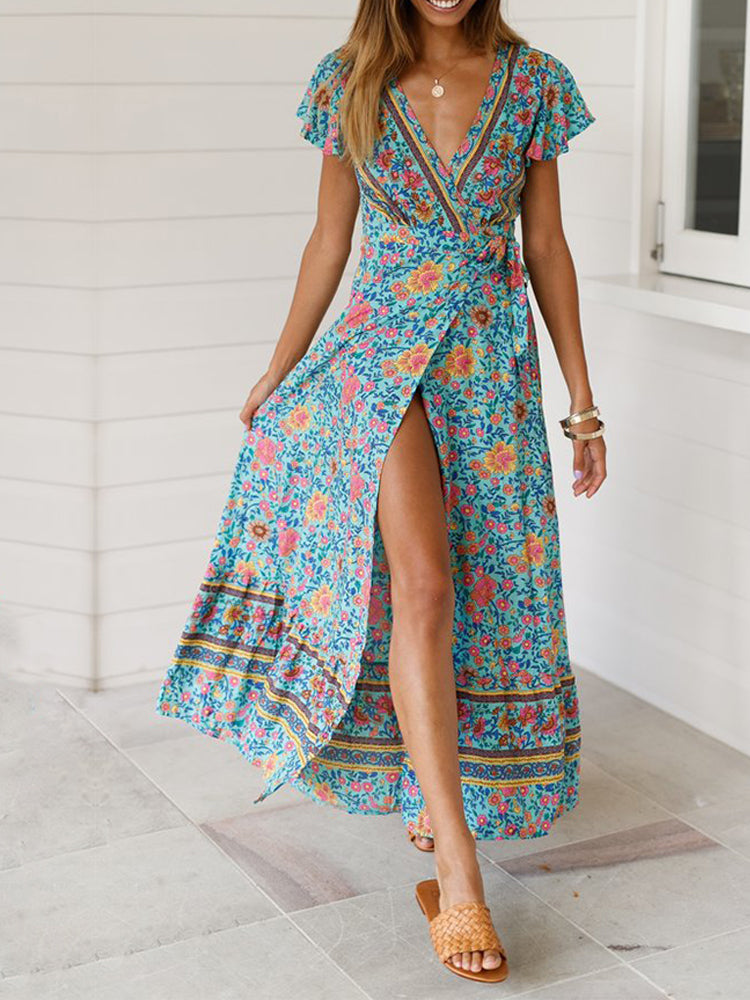 Wisherryy Floral Print V-Neck Wrap Maxi Dress