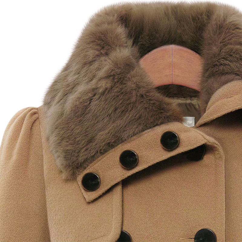 Fashionable Fur Collar Double Breasted Wool Coat