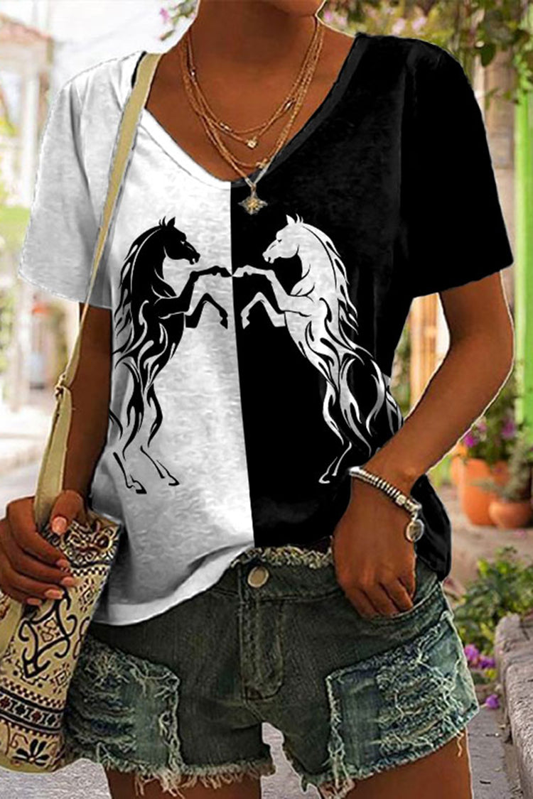 Casual Colorblock Horse Print T-Shirt