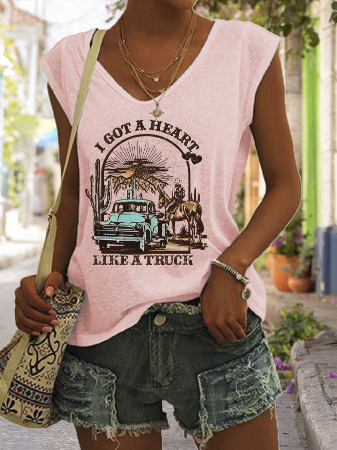 Women's I Got A Heart Like A Truck Western Print V-Neck Sleeveless T-Shirt