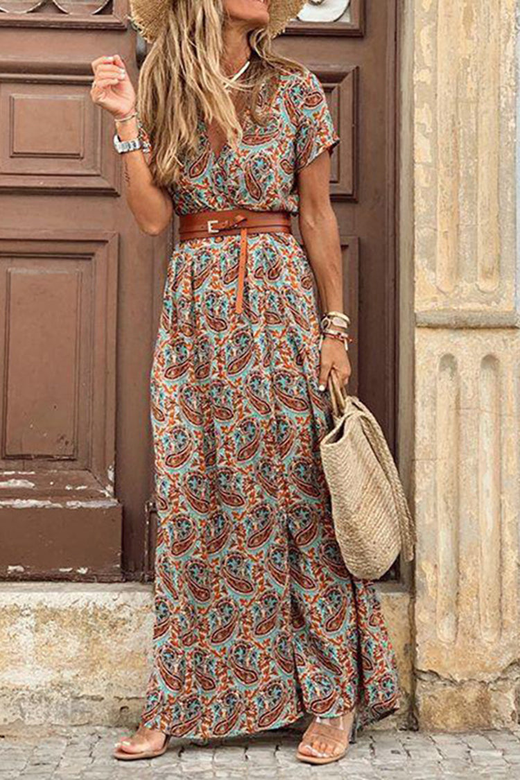 Wisherryy Short Sleeve V-Neck Print Maxi Dress