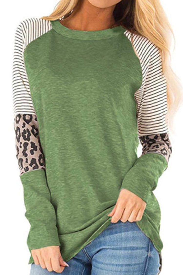 Casual Crew Neck Leopard Print Panled Tunic