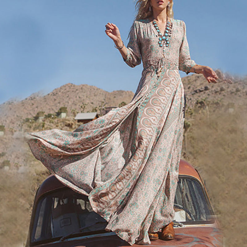 Wisherryy Boho Print Maxi Dress