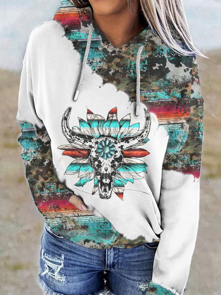 Western Print Long Sleeve Casual Hoodie