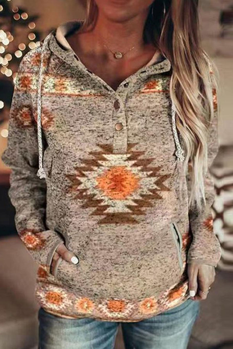 Western Print Long Sleeve Casual Hoodie