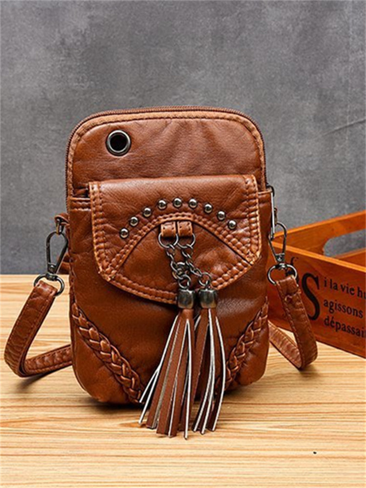 Tassels Studded Flap Mini Crossbody Bag