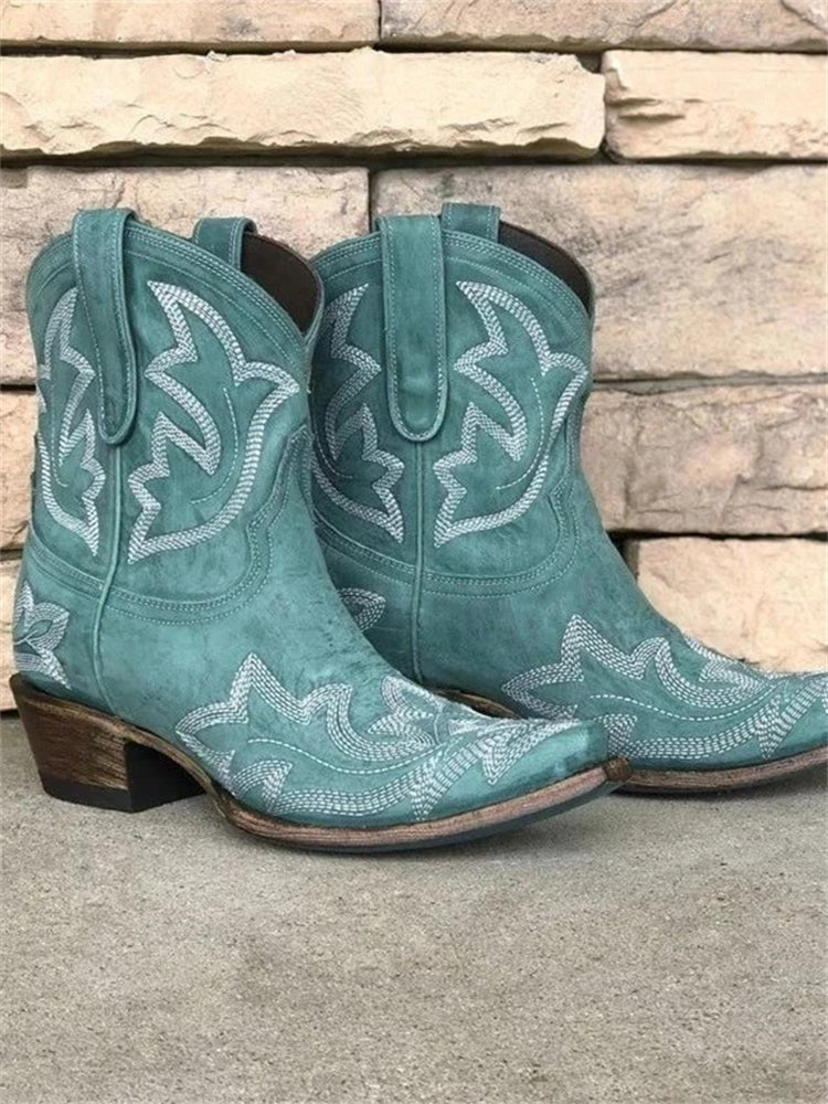 Wisherryy Vintage Embroidered Western Cowgirl Ankle Boots