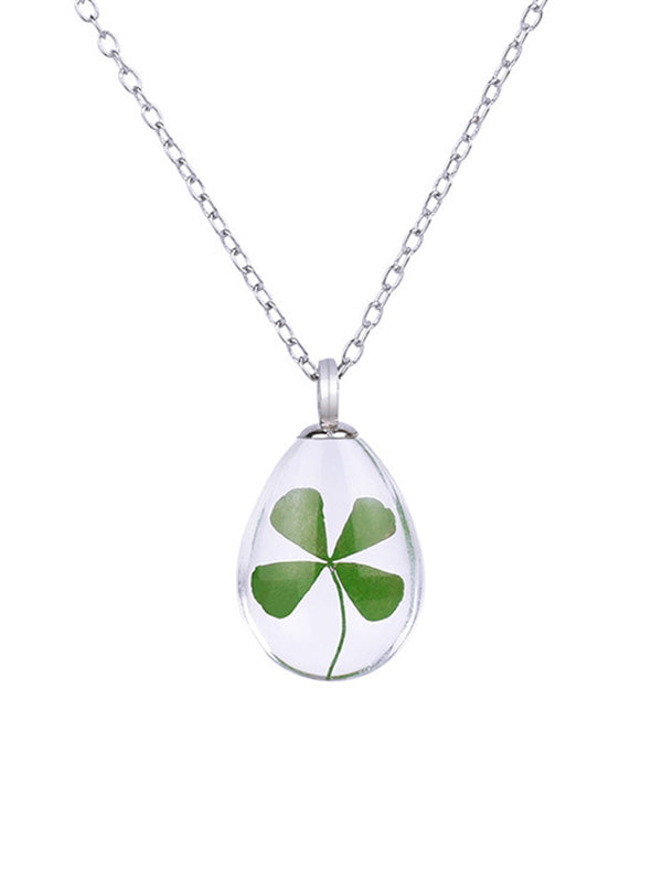 Wisherryy Transparent Water Drop Clover Necklace