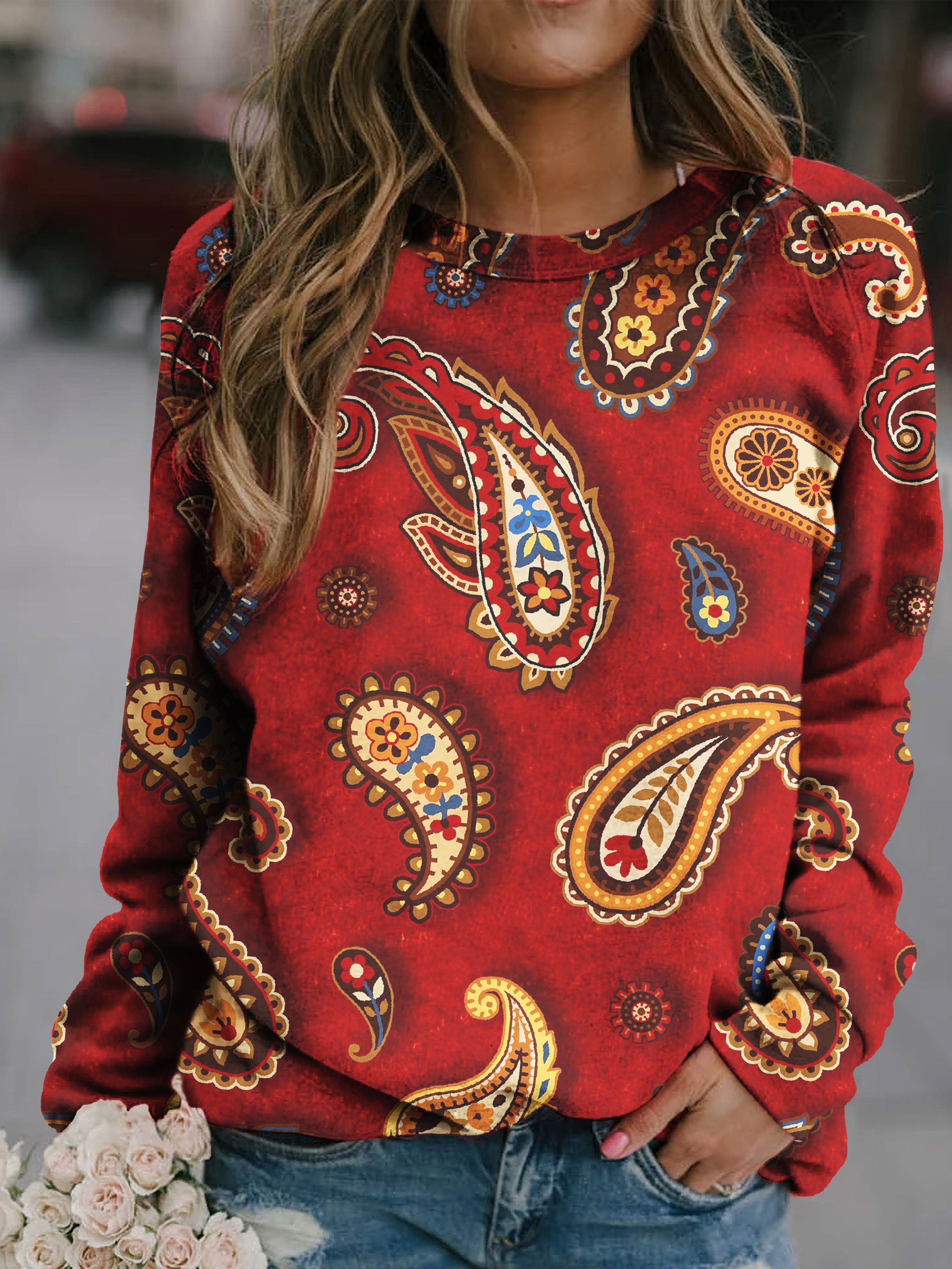 Women's Vintage Paisley Style Printed Round Neck Sweater