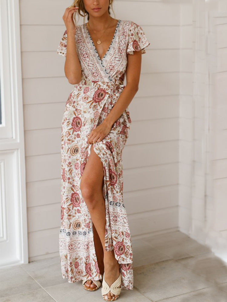 Wisherryy Floral Print V-Neck Wrap Maxi Dress