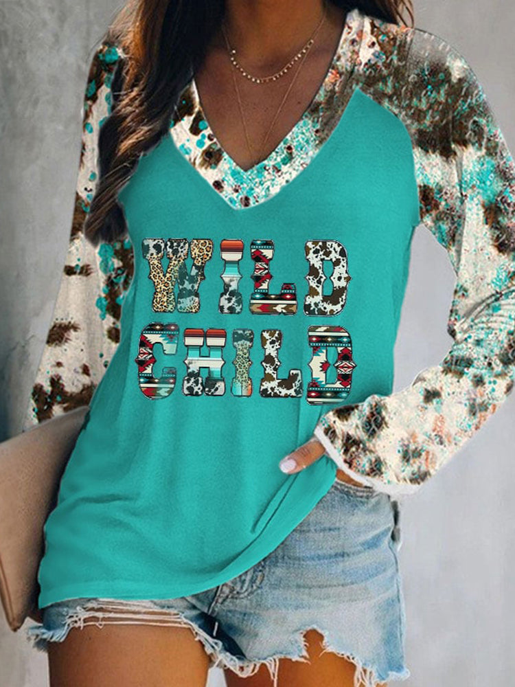 Western Print Panel V-Neck Long Sleeve T-Shirt