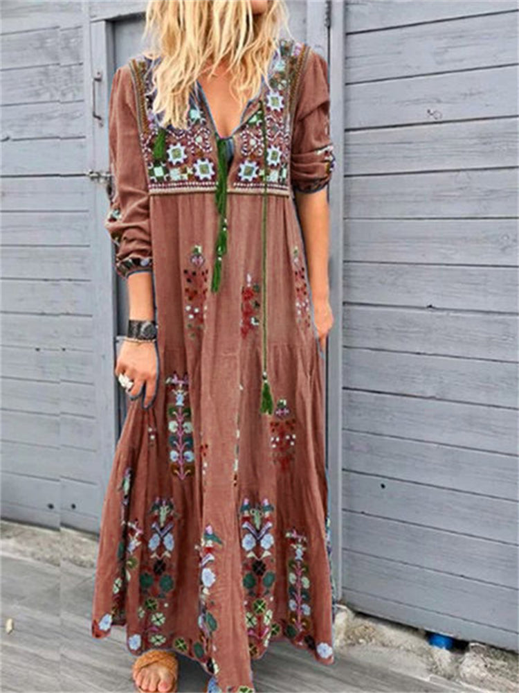 Wisherryy Boho Ethnic Floral Tassel Drawstring Maxi Dress