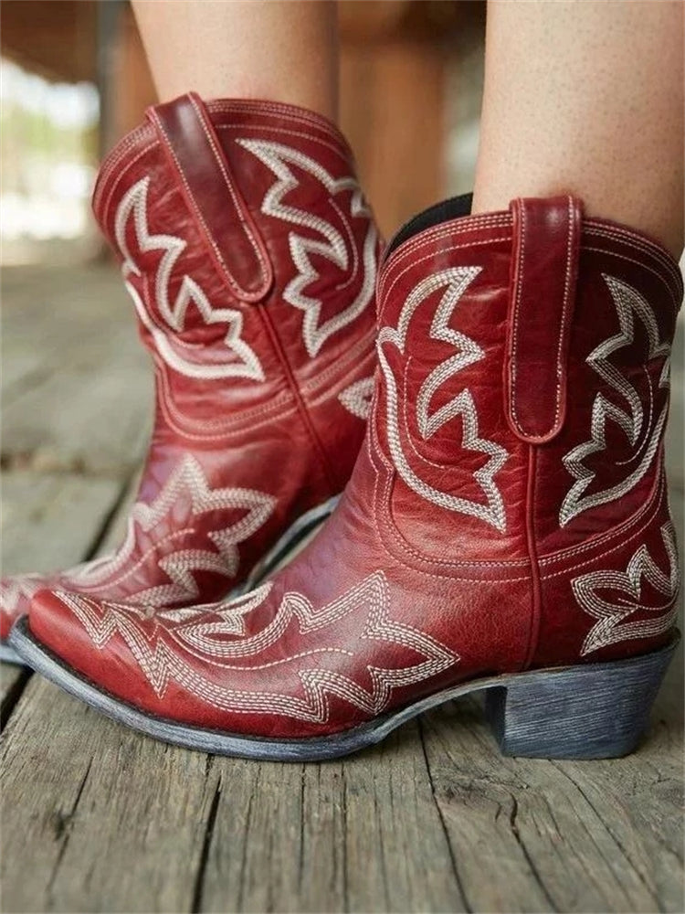 Wisherryy Vintage Embroidered Western Cowgirl Ankle Boots