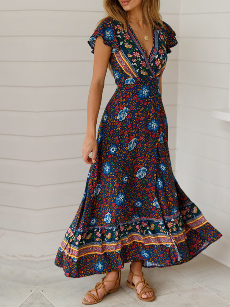 Wisherryy Floral Print V-Neck Wrap Maxi Dress