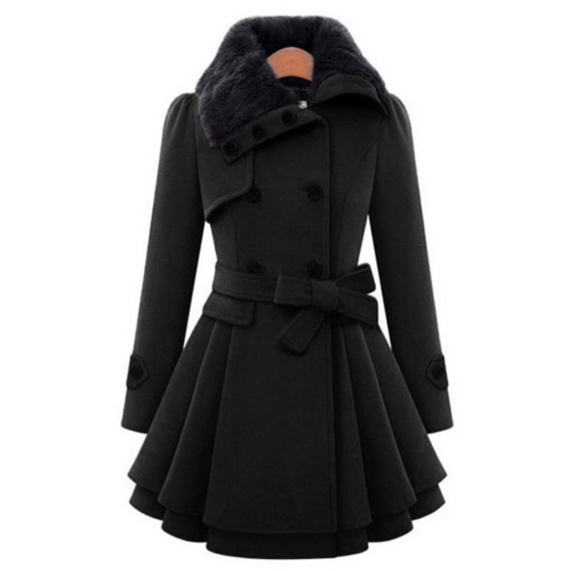 Fashionable Fur Collar Double Breasted Wool Coat