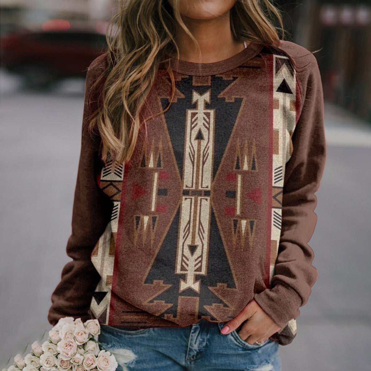 Wisherryy Retro Western Ethnic Geometric Print Sweatshirt