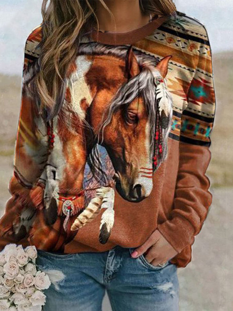 Western Print Crew Neck Long Sleeve Sweatshirt