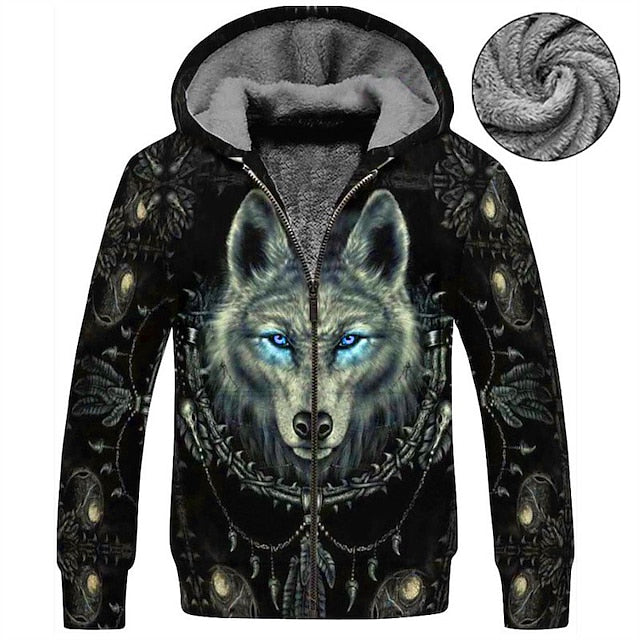 Men's Wolf Graphic Fleece Hoodie - Streetwear Zip Jacket