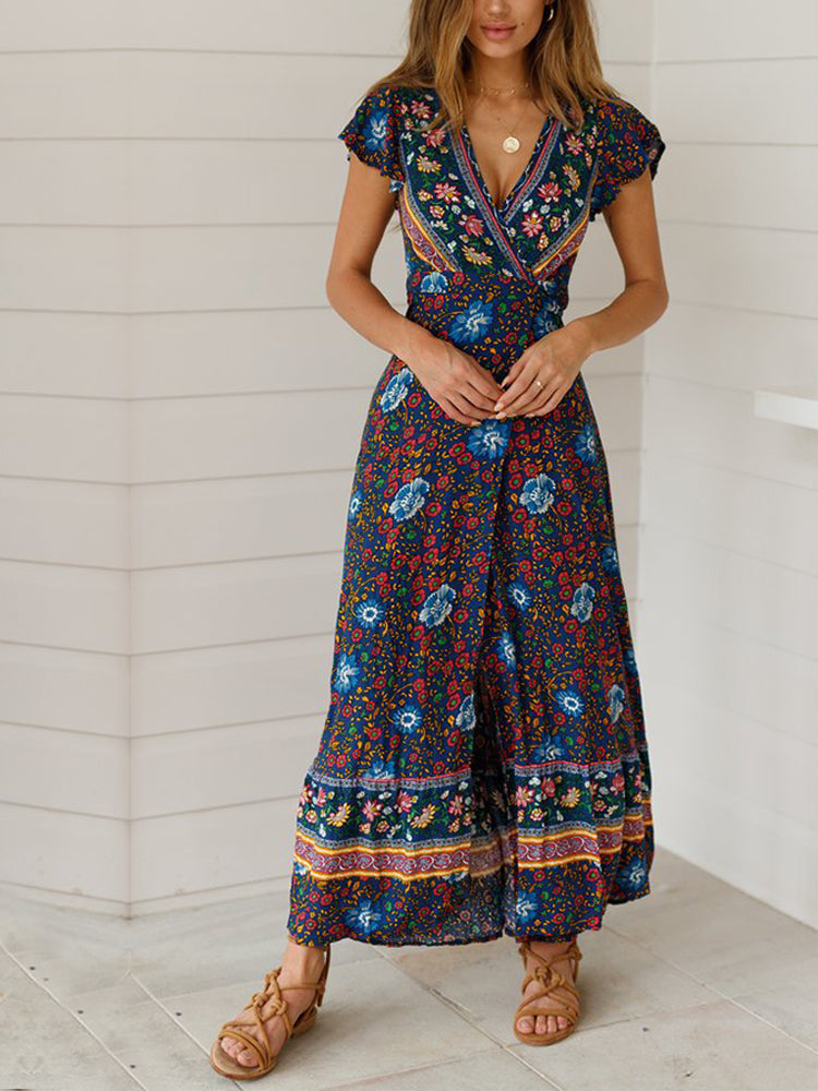 Wisherryy Floral Print V-Neck Wrap Maxi Dress