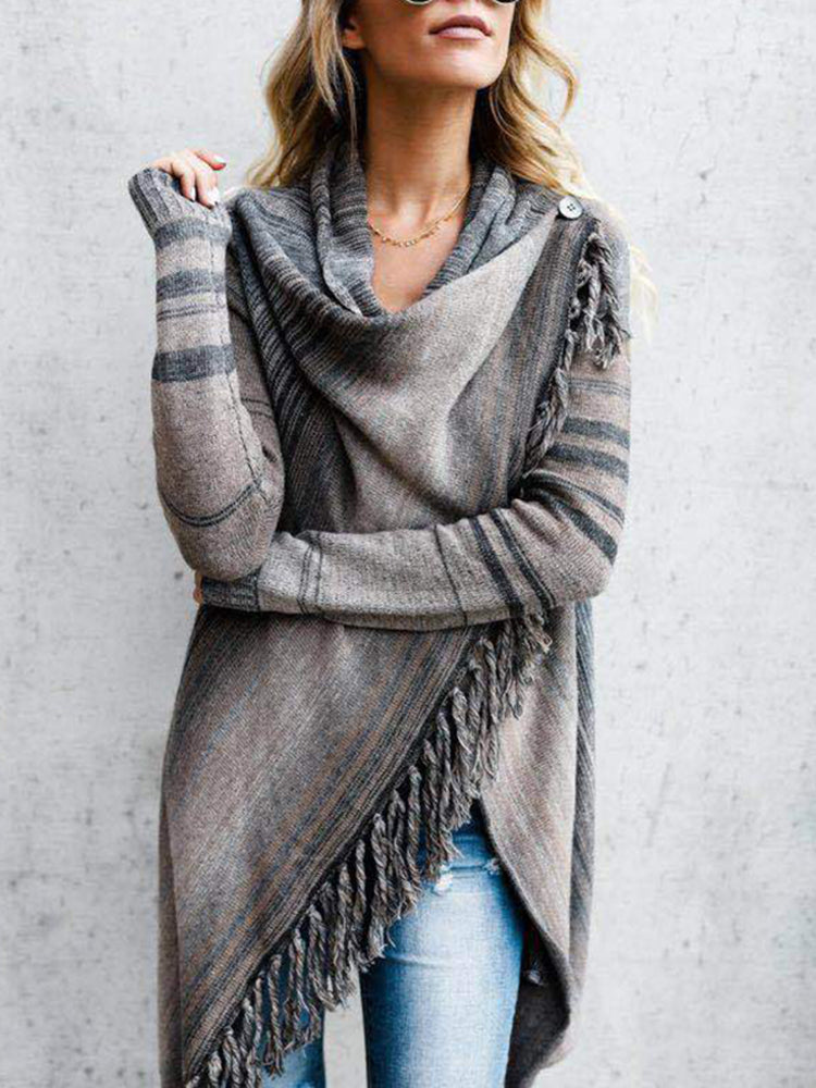 Striped Fringe Casual Long Sleeve Cardigan