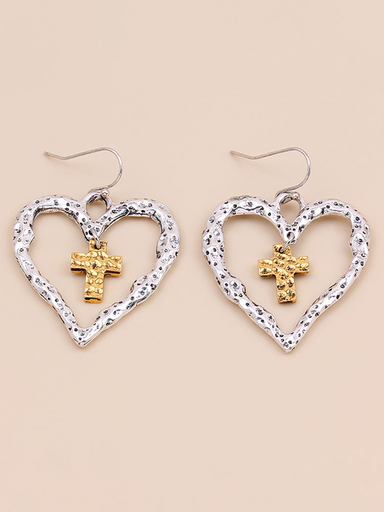 Vintage Cutout Heart Cross Earrings