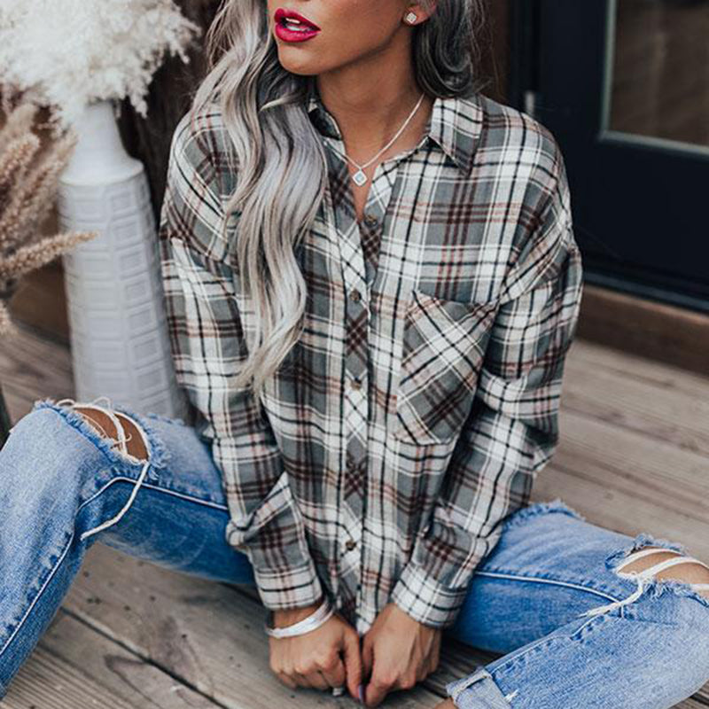 Vintage Plaid Lapel Long Sleeve Shirt