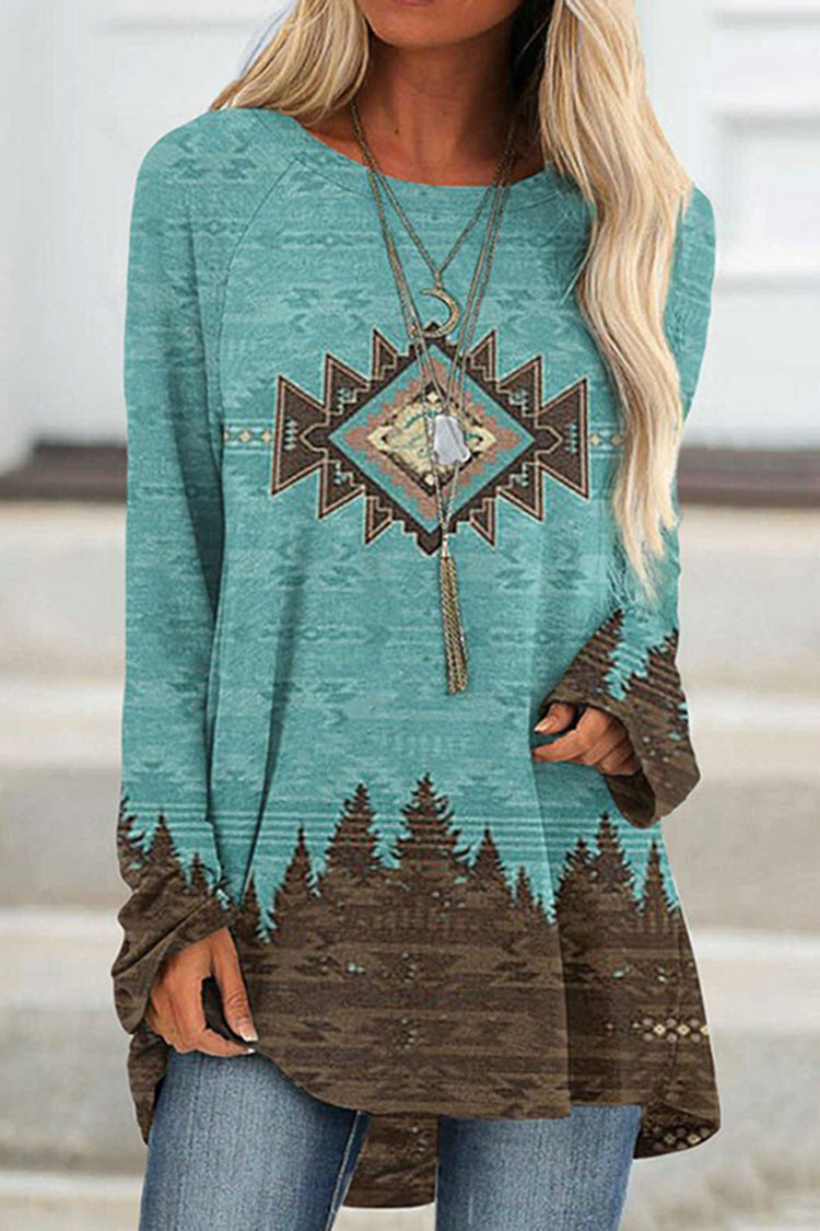 Western Print Casual Long Sleeve Tunic