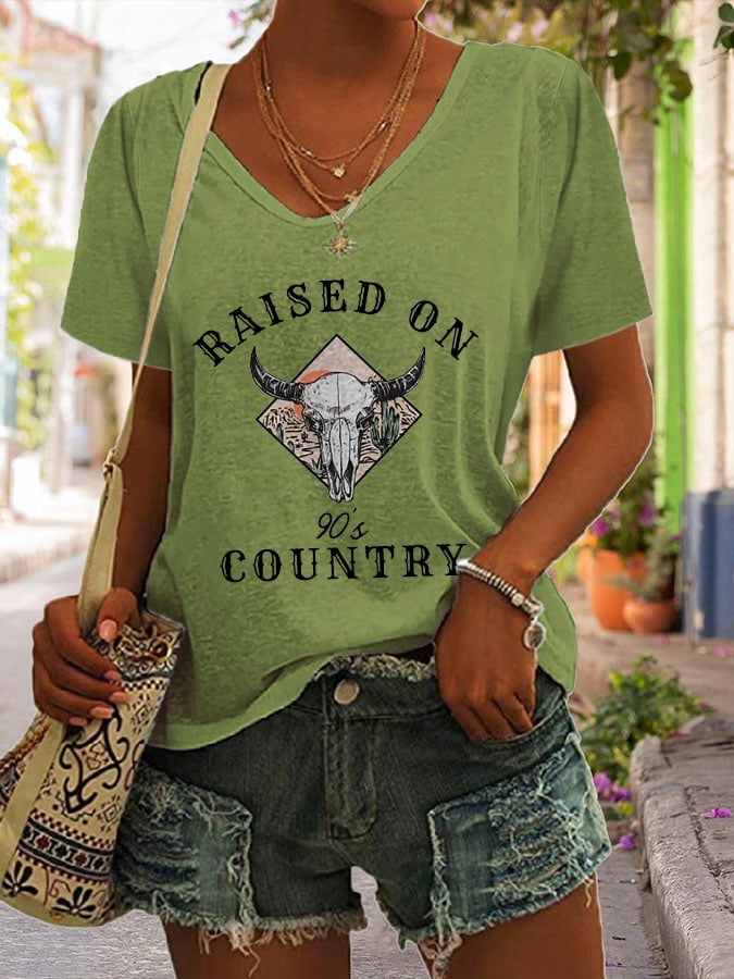 Women's Raised On 90's Country Print V-Neck Casual T-Shirt