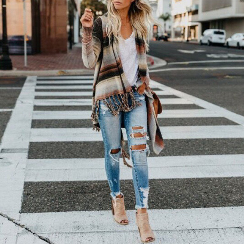 Striped Fringe Casual Loose Cardigan