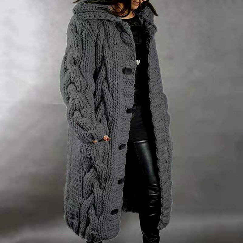 Hooded Solid Color Twist Thick Sweater Cardigan