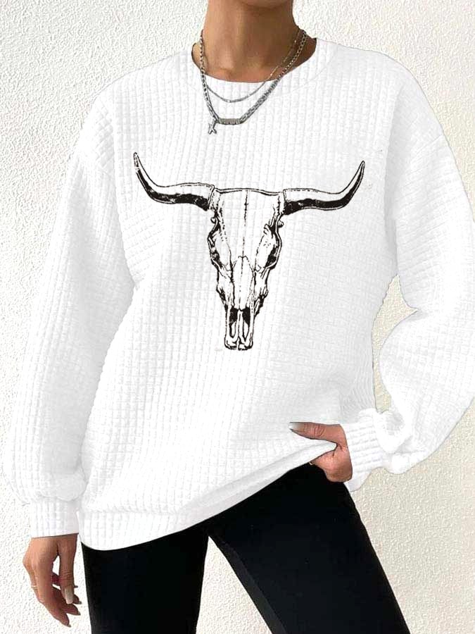 Women's Boho Cow Skull Print Waffle Sweatshirt