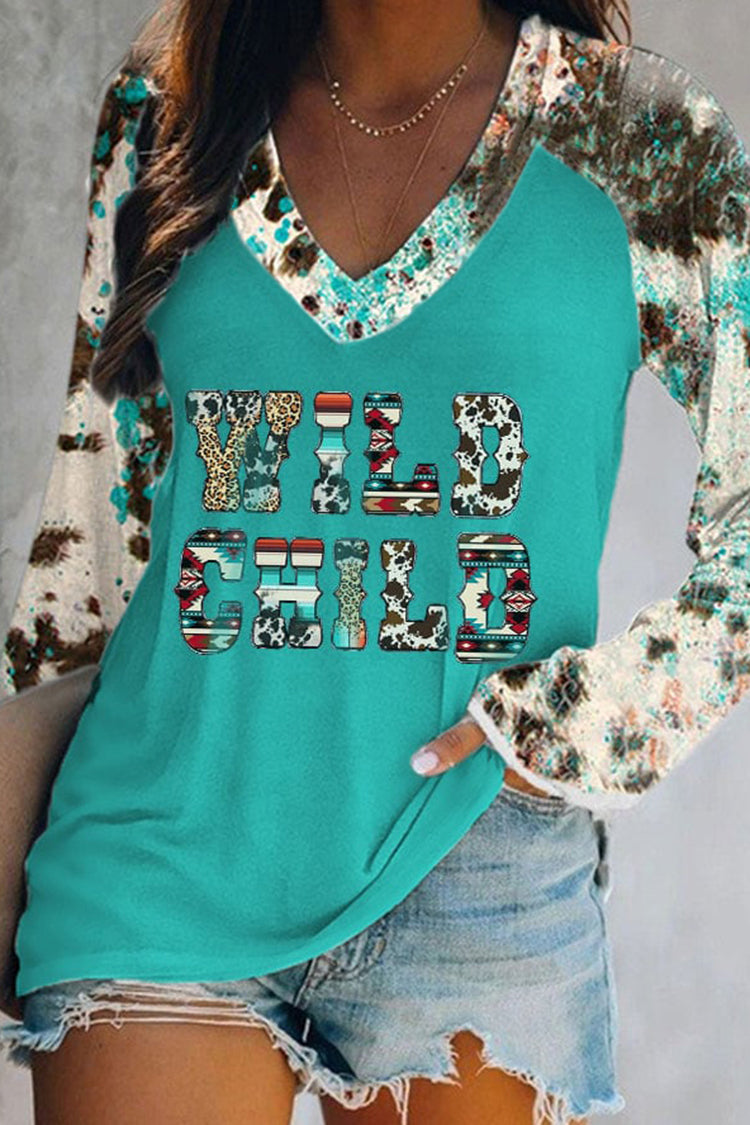 Western Print Panel V-Neck Long Sleeve T-Shirt