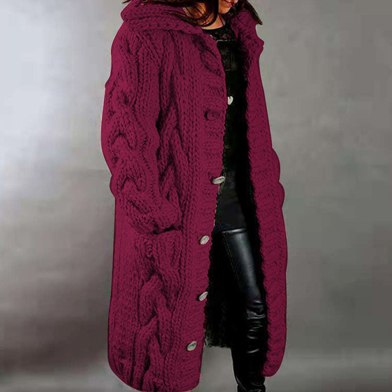 Hooded Solid Color Twist Thick Sweater Cardigan