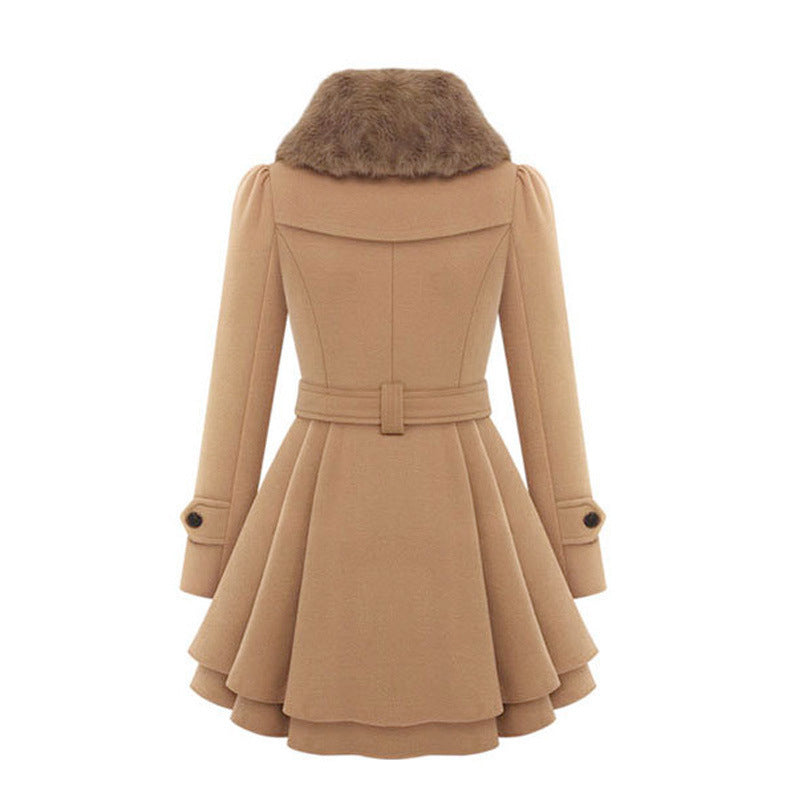 Fashionable Fur Collar Double Breasted Wool Coat