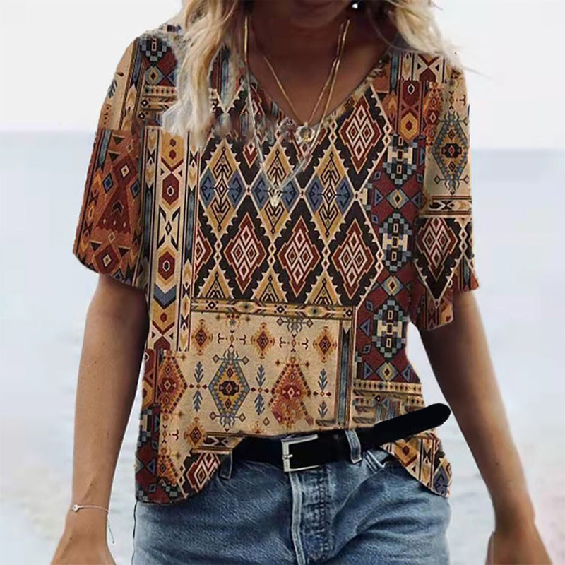 Wisherryy Vintage Western Print V-Neck T-Shirt