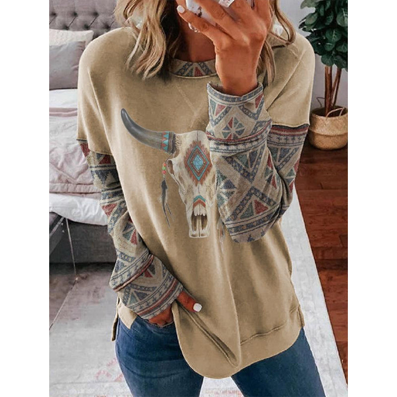 Wisherryy Ethnic Print Long-Sleeved Round Neck Sweater