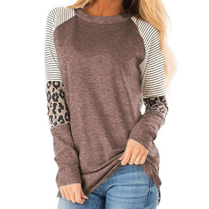 Casual Crew Neck Leopard Print Panled Tunic