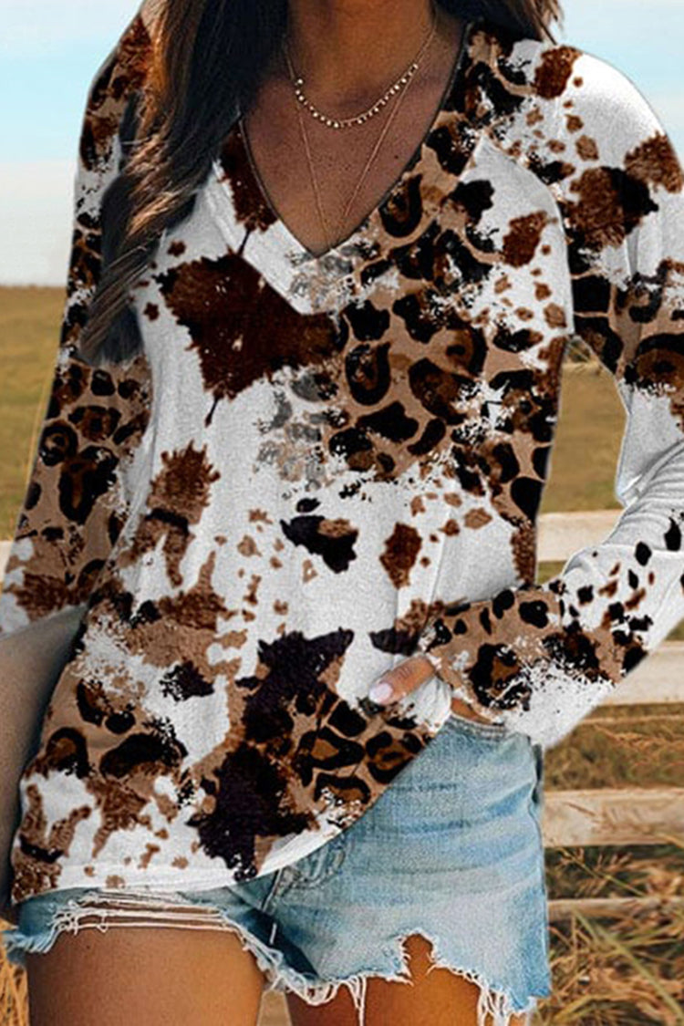 Vintage Leopard Print V-Neck Long Sleeve T-Shirt