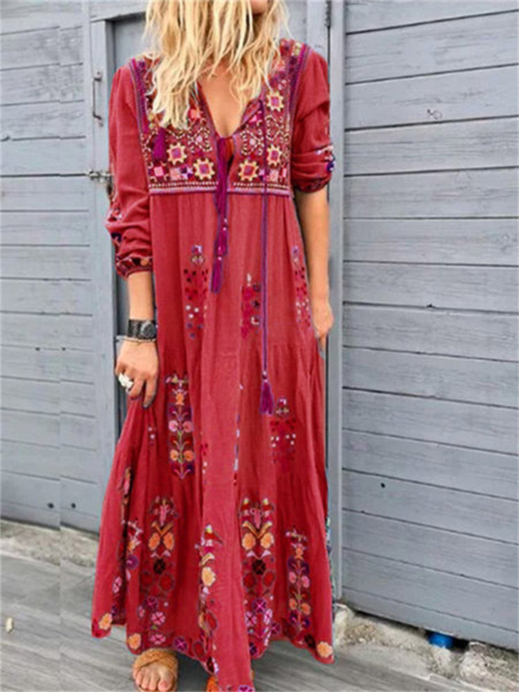 Wisherryy Boho Ethnic Floral Tassel Drawstring Maxi Dress