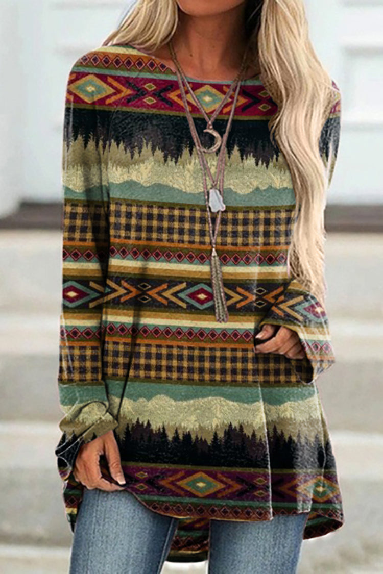 Vintage Western Print Casual Long Sleeve Tunic