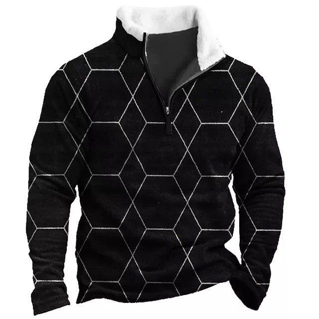 Men's Geometric Plaid Print Zip Sweatshirt - Daily Casual