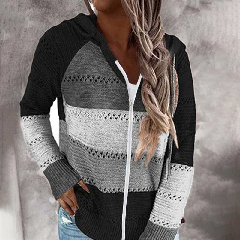 Casual Contrast Panel Striped Hooded Knit Cardigan