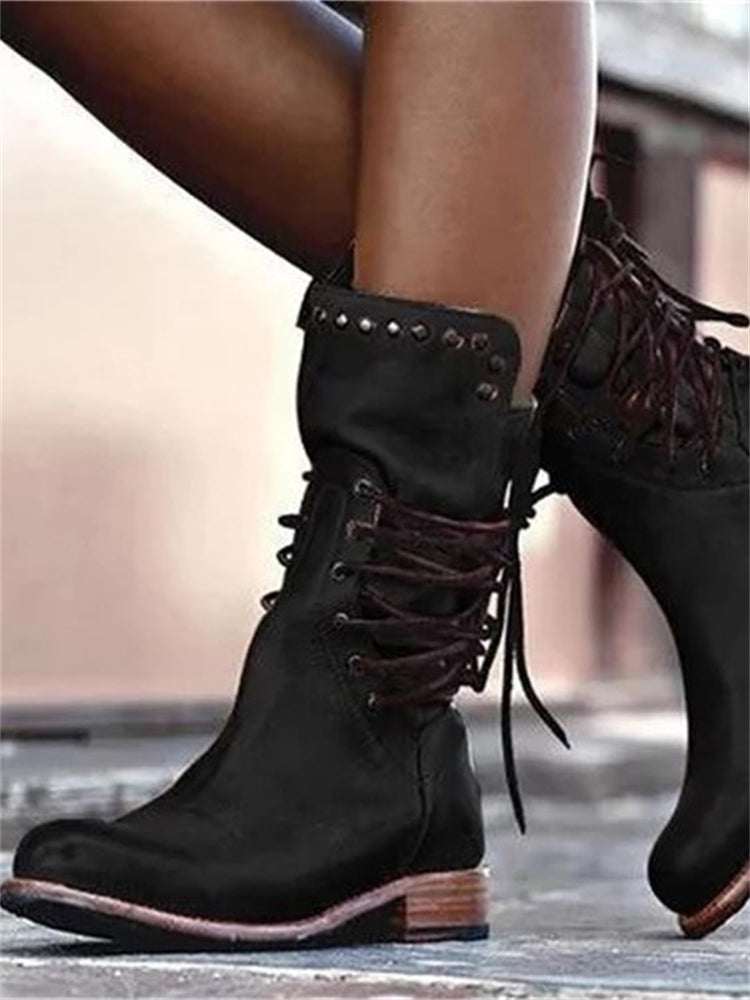 Wisherryy Vintage Washed Studded Laced Boots